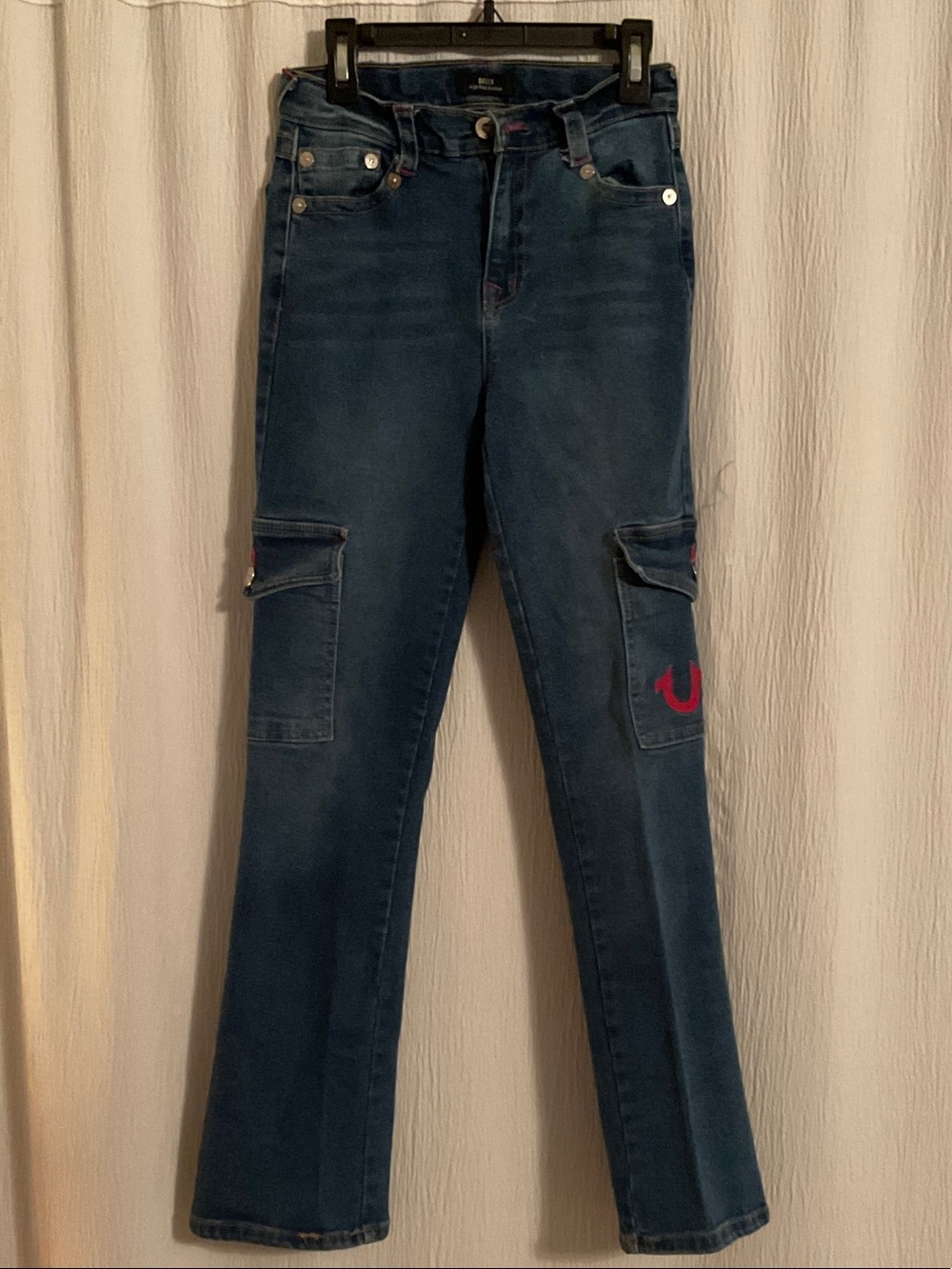 True Religion Dark Blue Cargo Jeans with Red Logo Accent